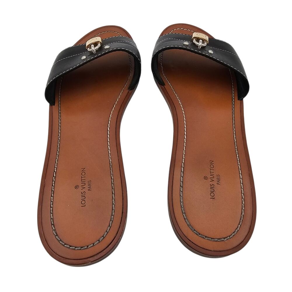 Louis Vuitton Lock It Flat Slide Sandal Black Brown Leather Gold Size 38 US 8 - Picture 5 of 13